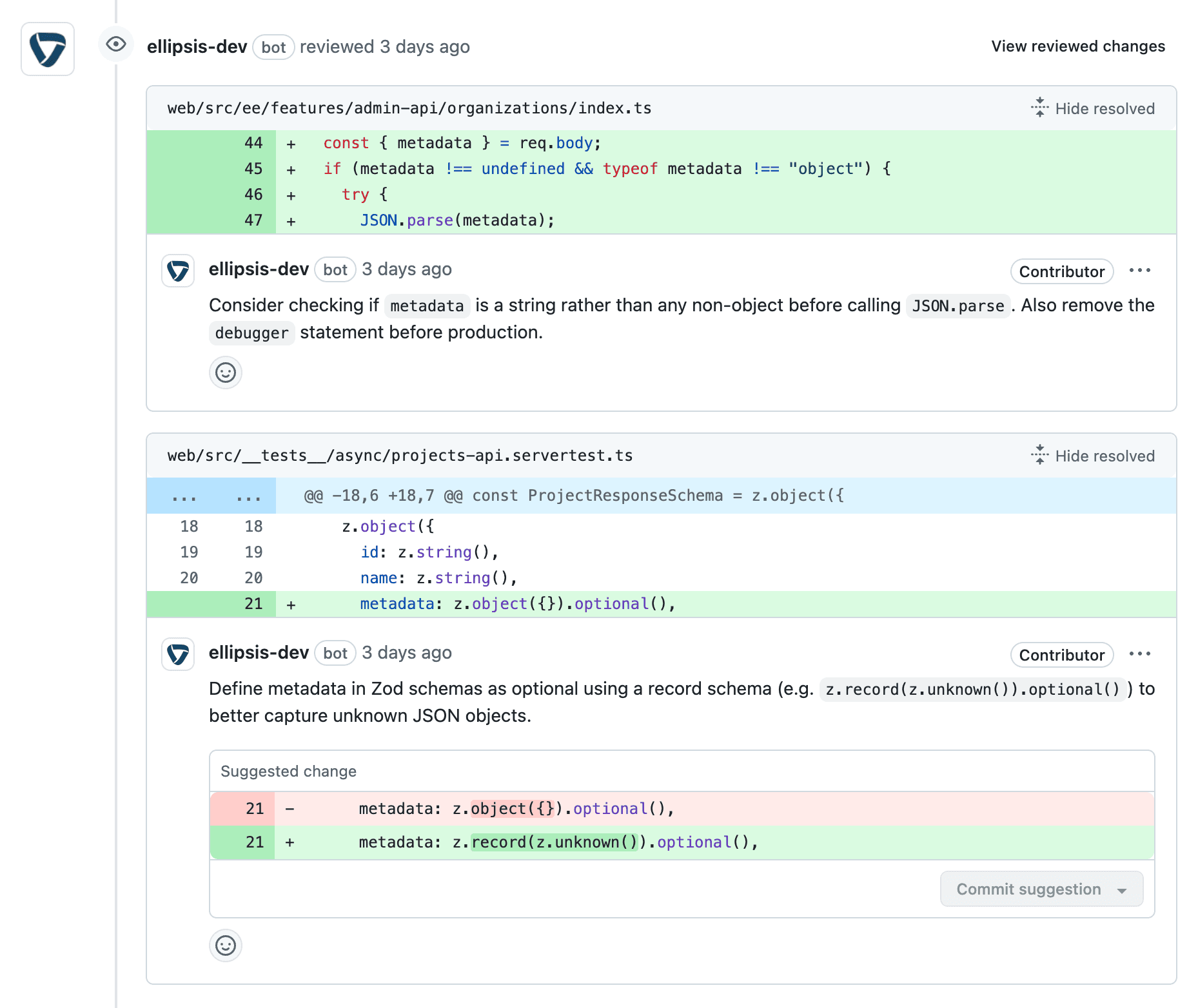 Example review comments on a PR created by Ellipsis